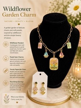 Gold Wildflower Charm Necklace with Pastel Gem Accents and matching earring set